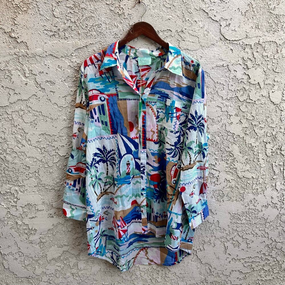 NWT True Destinations Tropical Coastal Scenic Print Button Down Shirt XL